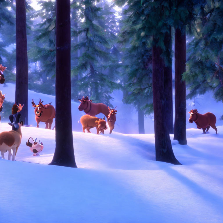 Snowy forest scene with animated reindeer at twilight.