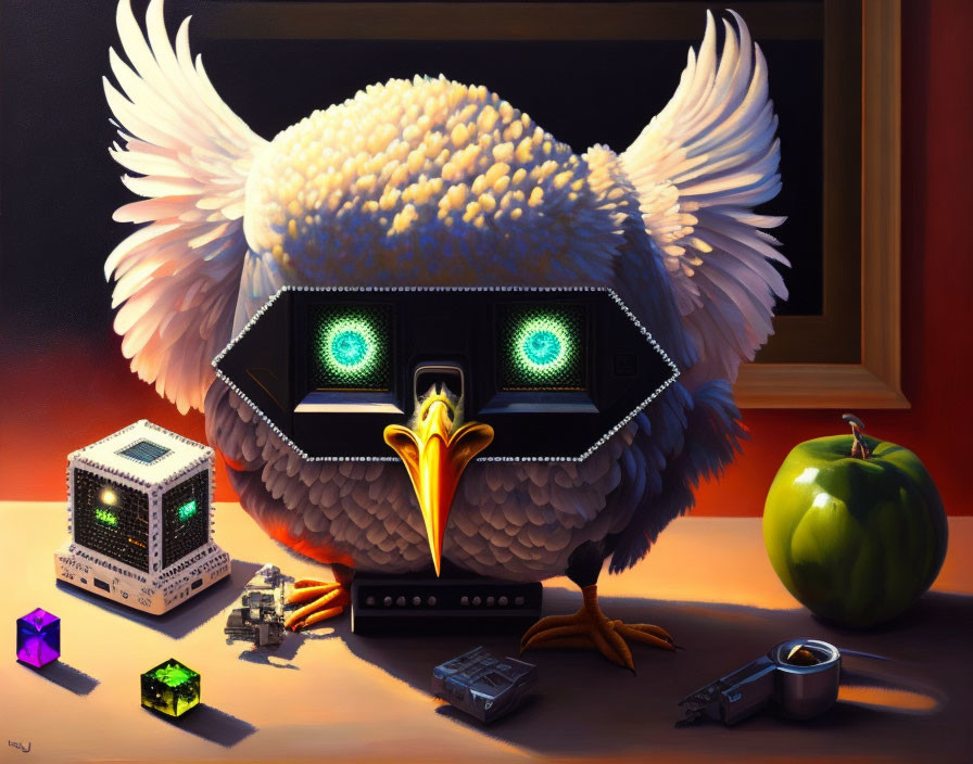 Surreal artwork with eagle, electronic eyes, computer cube, geometric objects, apple, and circuit