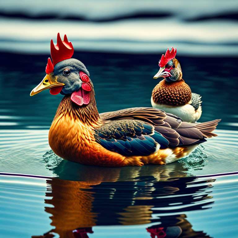Ducks with Rooster Features Swimming in Calm Water