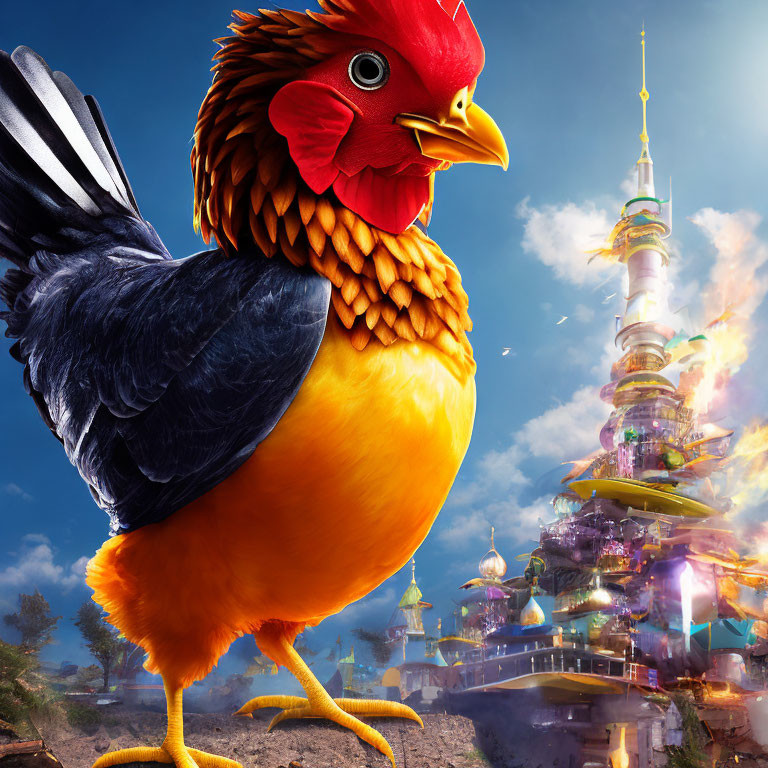 Giant chicken with red and orange feathers in front of floating cityscape
