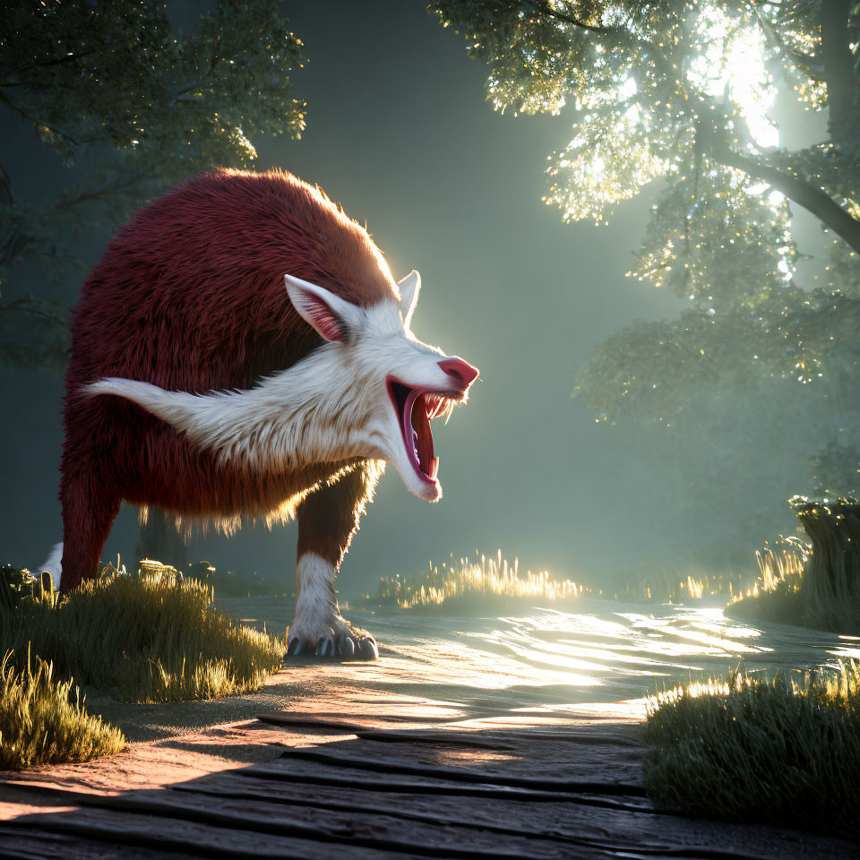 Stylized red and white creature in sunlit forest clearing