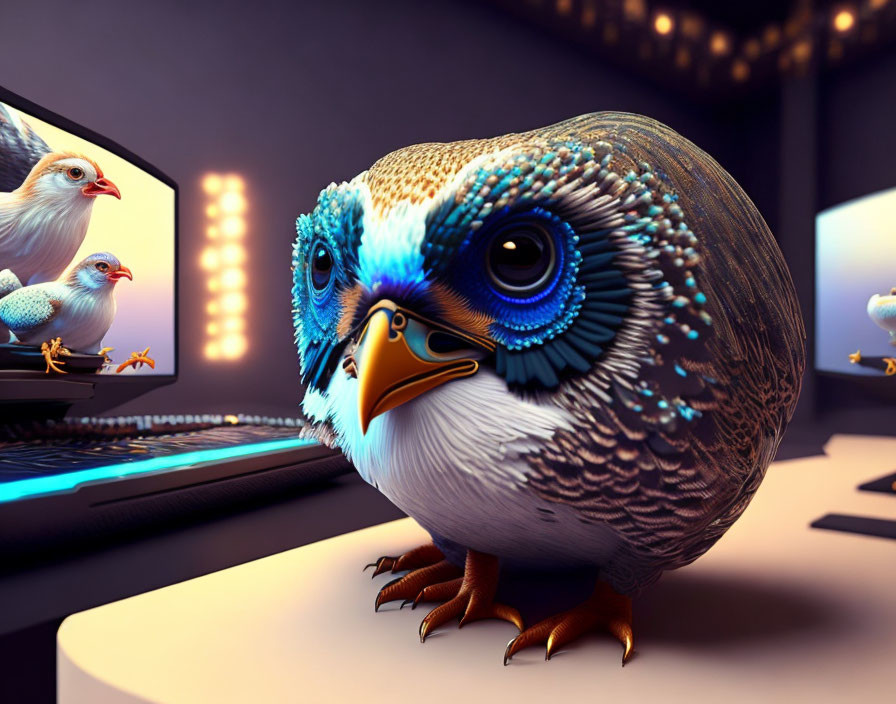 Surreal bird with sparrow body and owl-patterned head in front of computer screen with bird