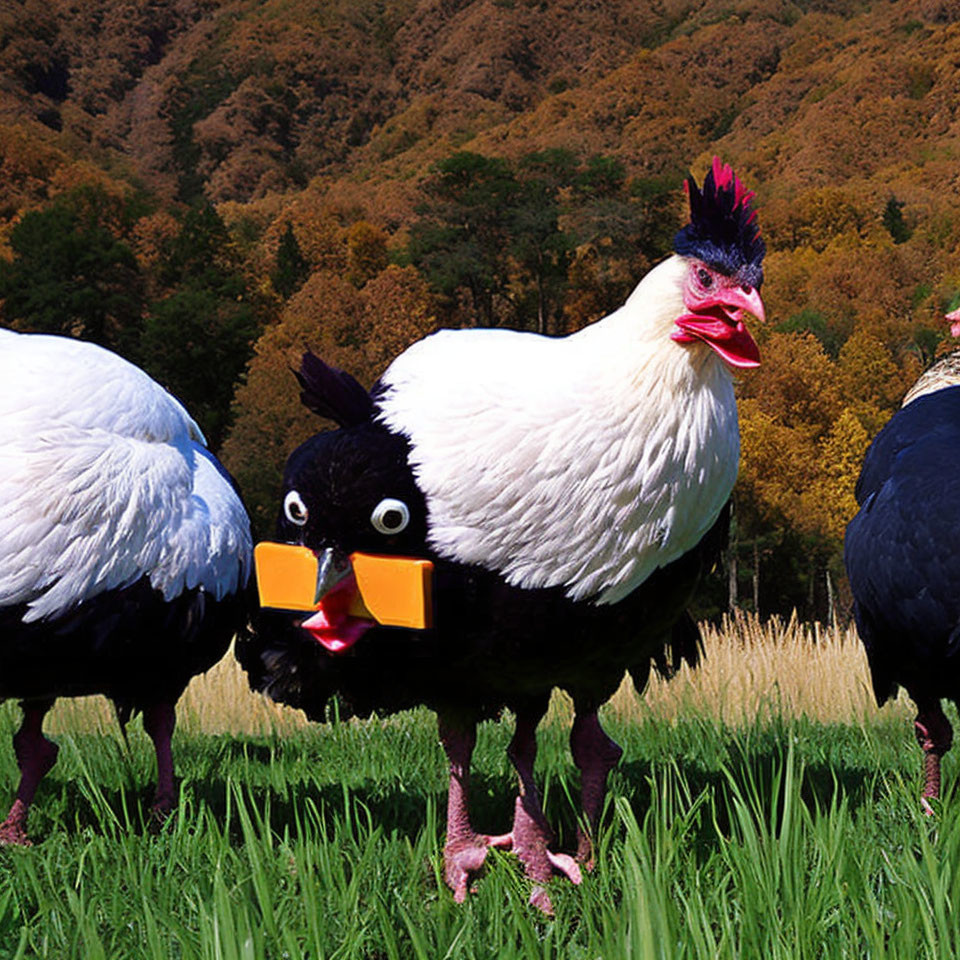 Three cartoon-like birds in a field with human-like eyes and colorful beaks, set against an autumn