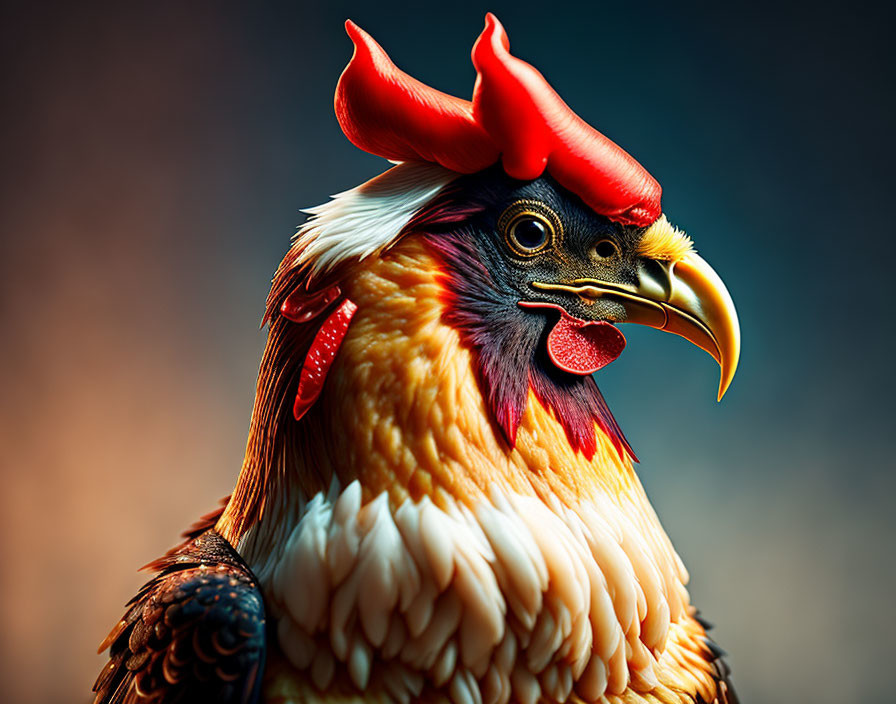 Colorful Rooster with Vibrant Plumage and Sharp Beak on Soft Background