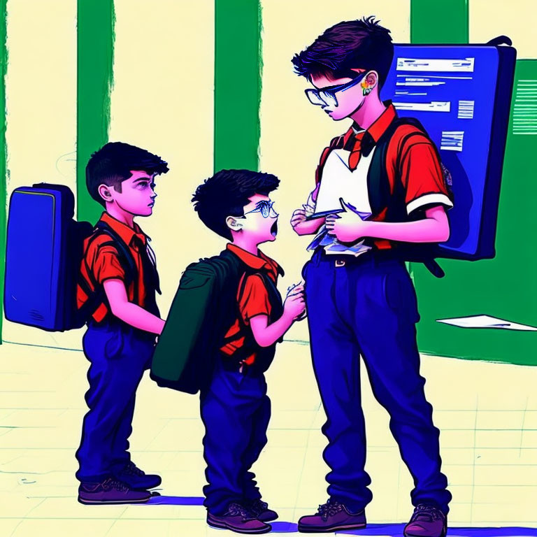 Three Boys in School Uniforms Engaged in Conversation