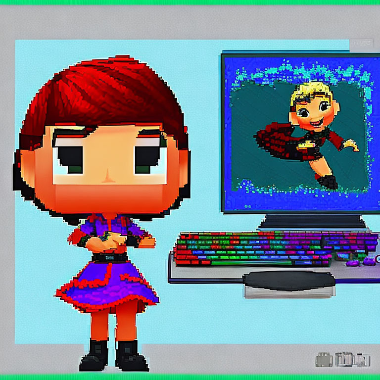 Character with red hair and purple dress next to books in pixelated image