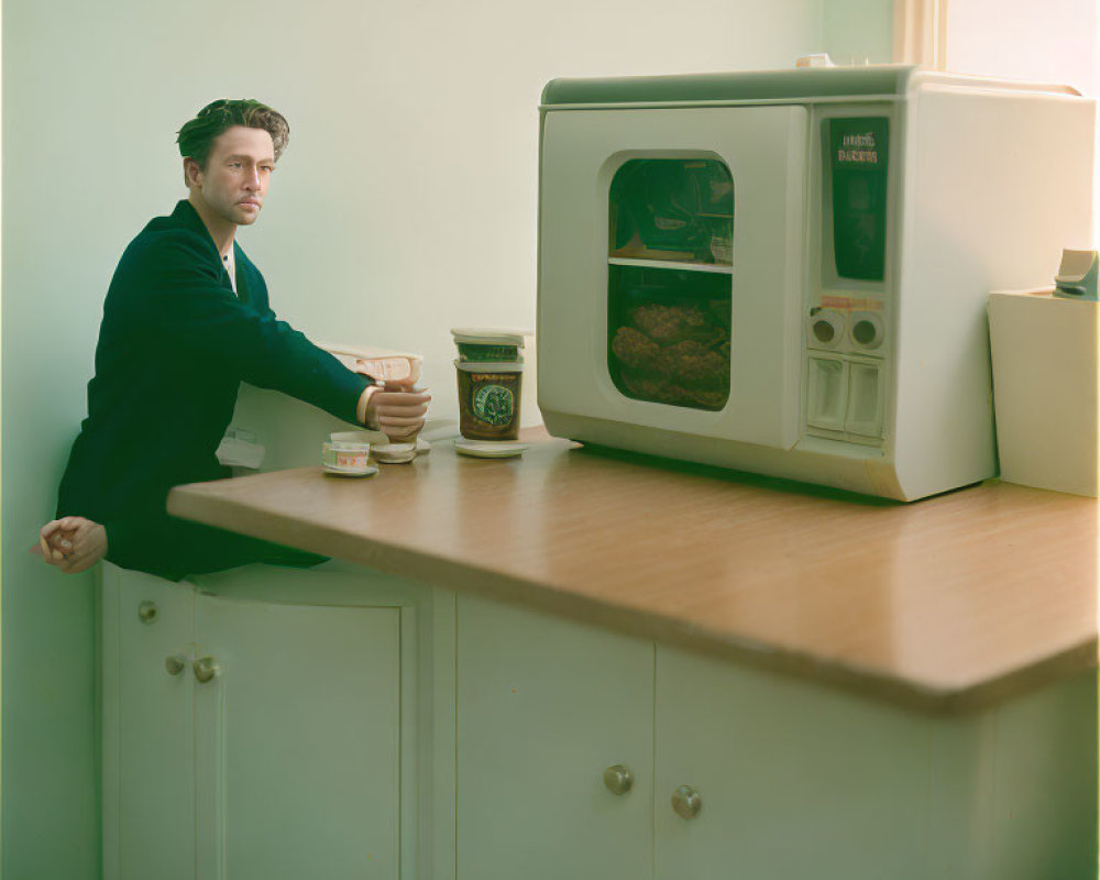 Man in dark suit with coffee and cookies baking in microwave.