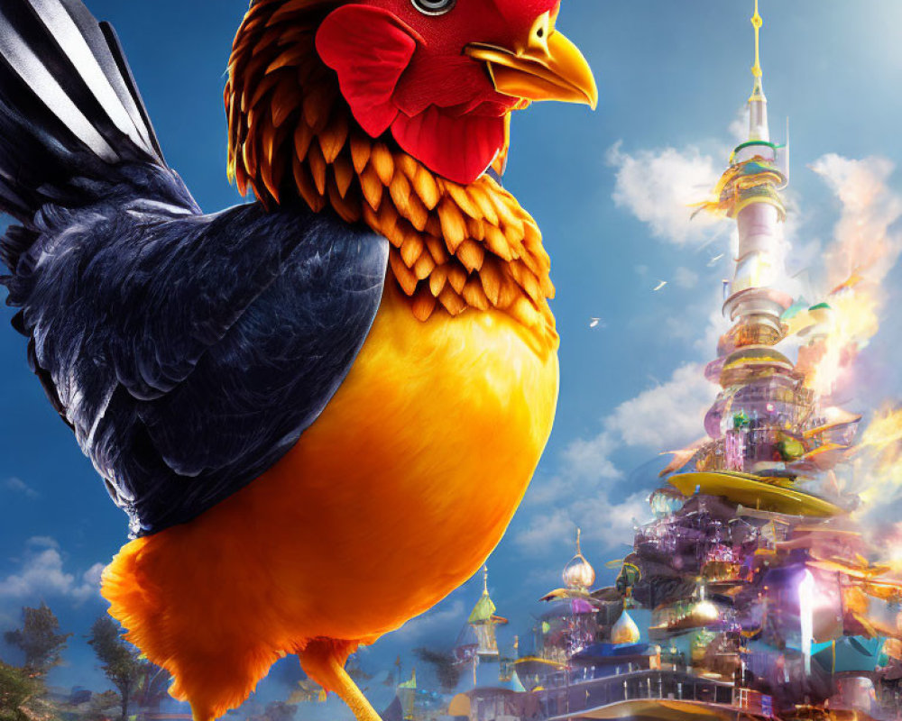 Giant chicken with red and orange feathers in front of floating cityscape