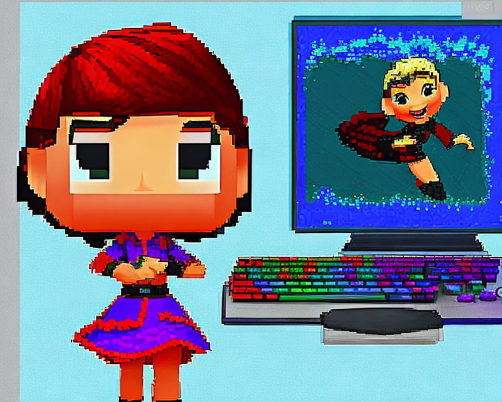 Character with red hair and purple dress next to books in pixelated image