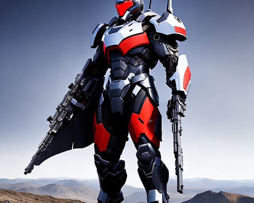 Powerful Red and White Robotic Suit with Gun in Mountain Landscape