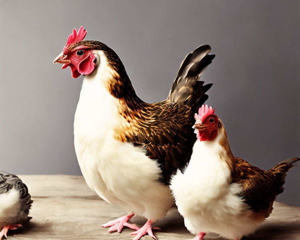 White and brown hens on grey background.