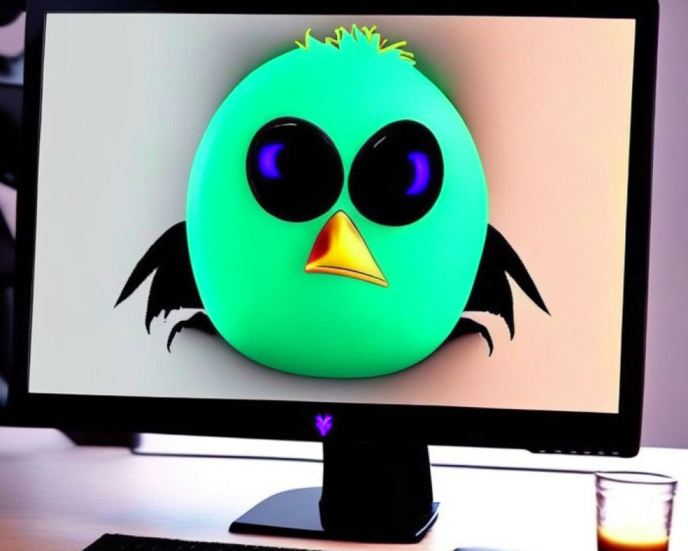 Cartoon green bird with yellow hair on computer monitor in office setting