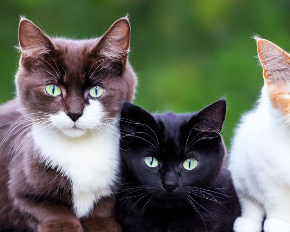 Three Cats with Striking Green Eyes: Chocolate, Black, and White with Orange Patches