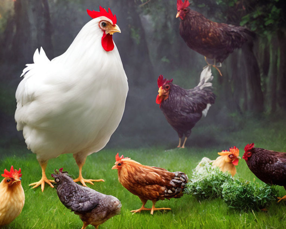 Diverse Chickens in Misty Forest Clearing