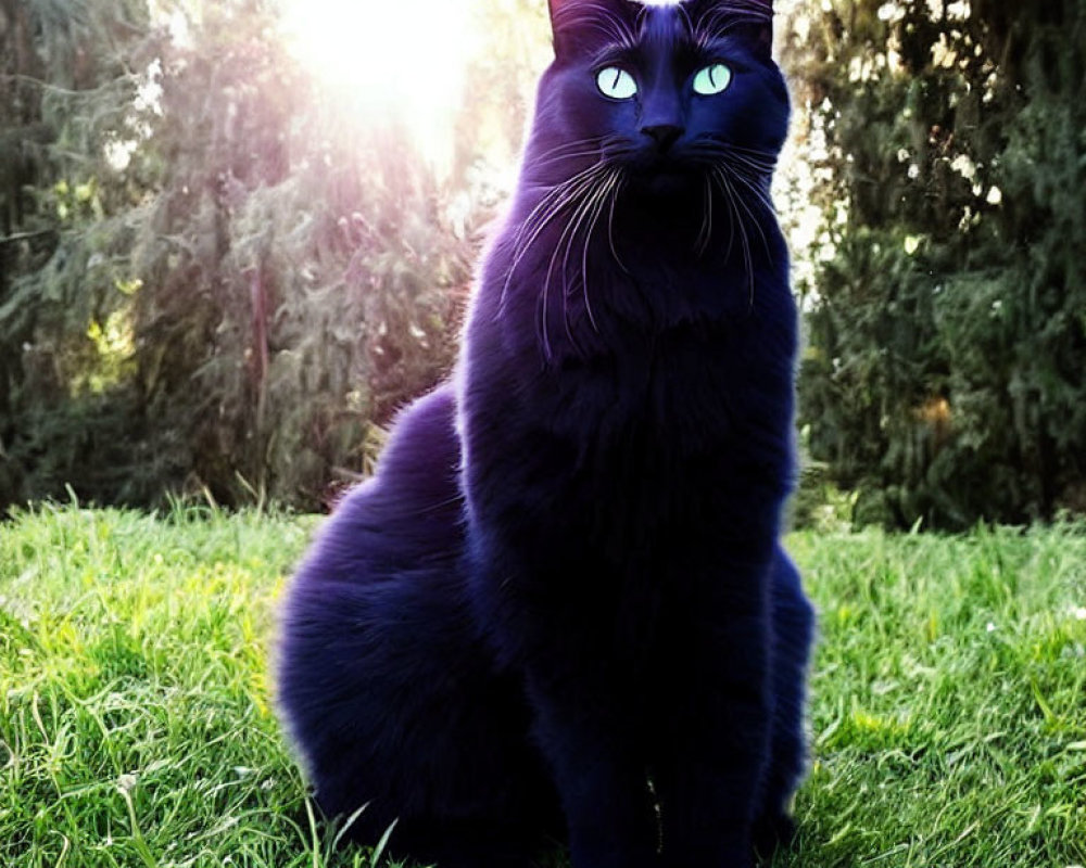 Black cat with blue eyes on grassy field at sunset
