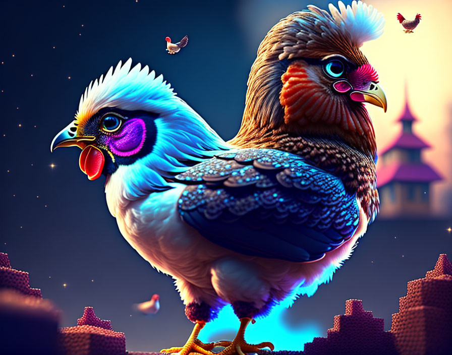 Colorful digital artwork: Two stylized chickens with intricate feather patterns, set against a whimsical night