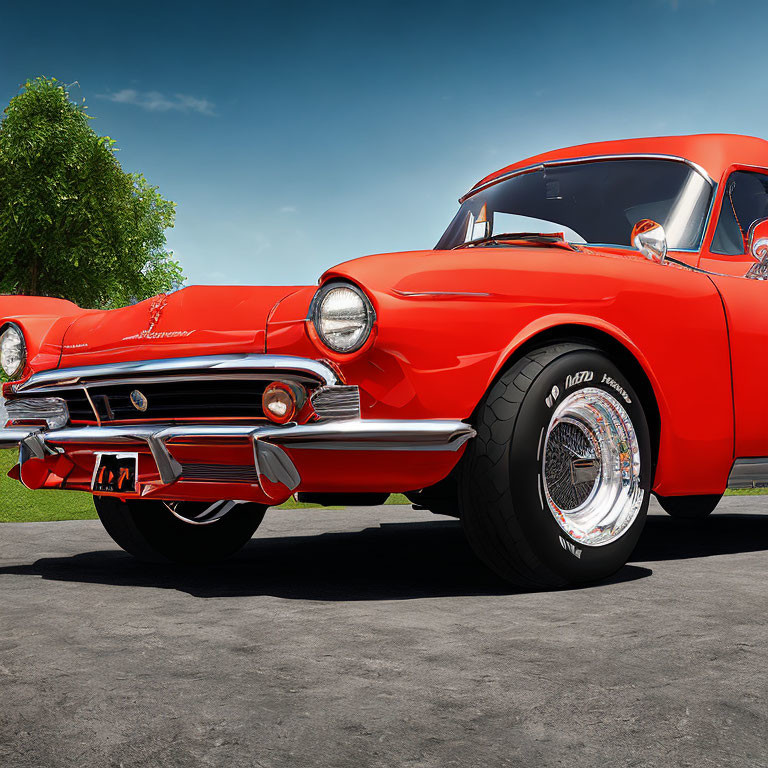 Vintage Red Chevrolet with White-Wall Tires on Green Lawn