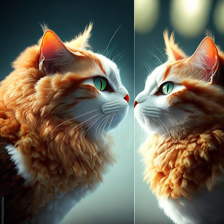 Orange and White Cat with Green Eyes in Split View Against Blurred Background