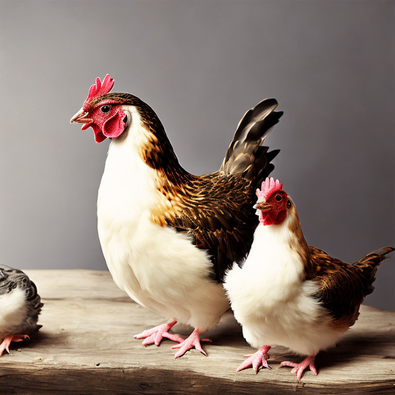 White and brown hens on grey background.
