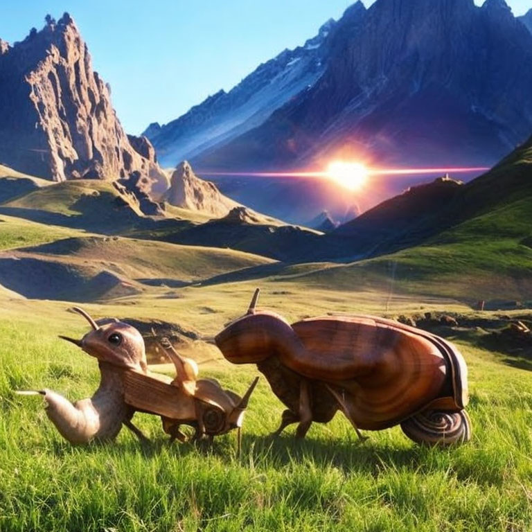 Mountain valley sunrise with whimsical snails: one has a violin shell.