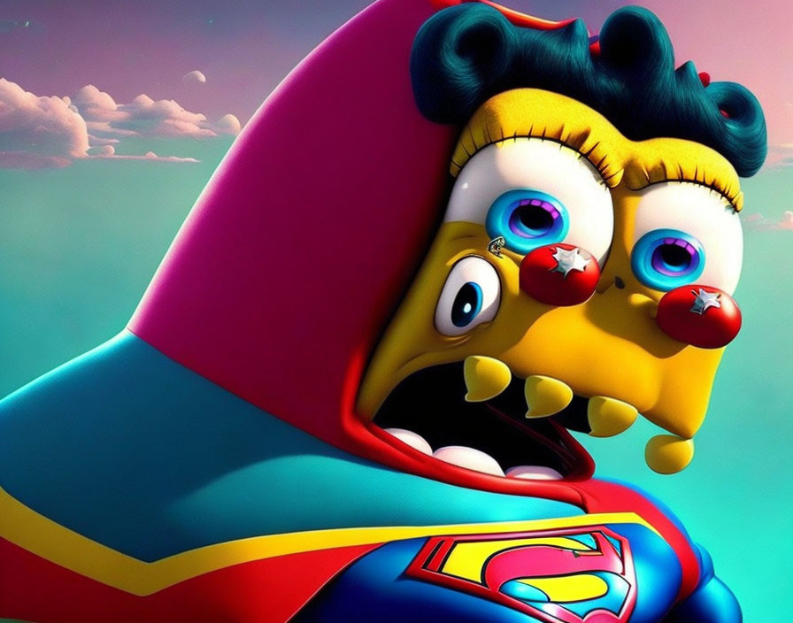 Colorful 3D animated character parodying Superman with exaggerated features