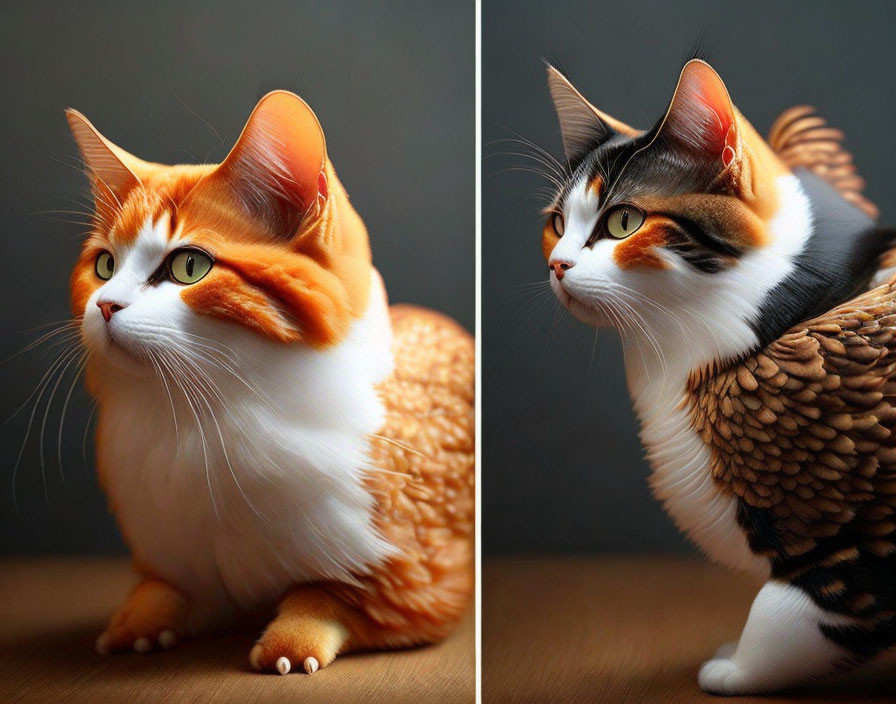 Images of a cat with orange fur and one transformed with bird-like feathers
