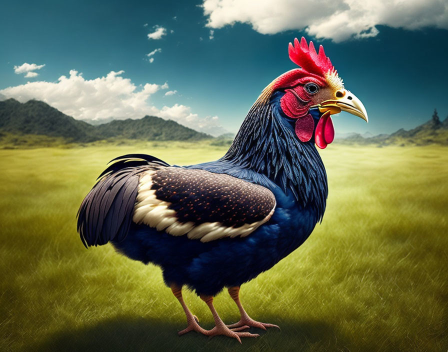 Colorful rooster in lush field under dynamic sky