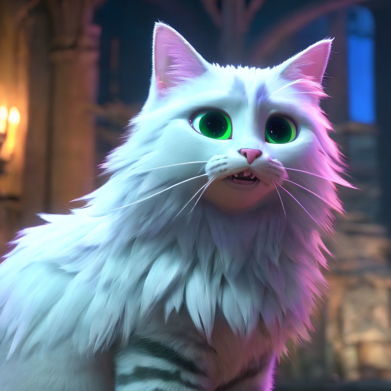 Fluffy white cat with green eyes in dimly lit gothic room