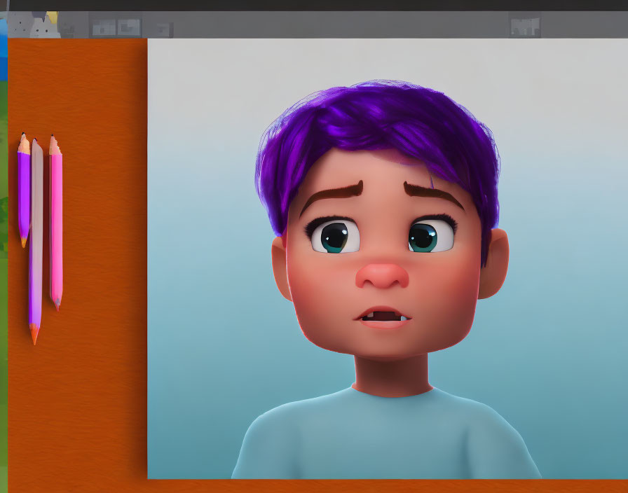 Purple-haired 3D character with blue eyes next to vertical pencils
