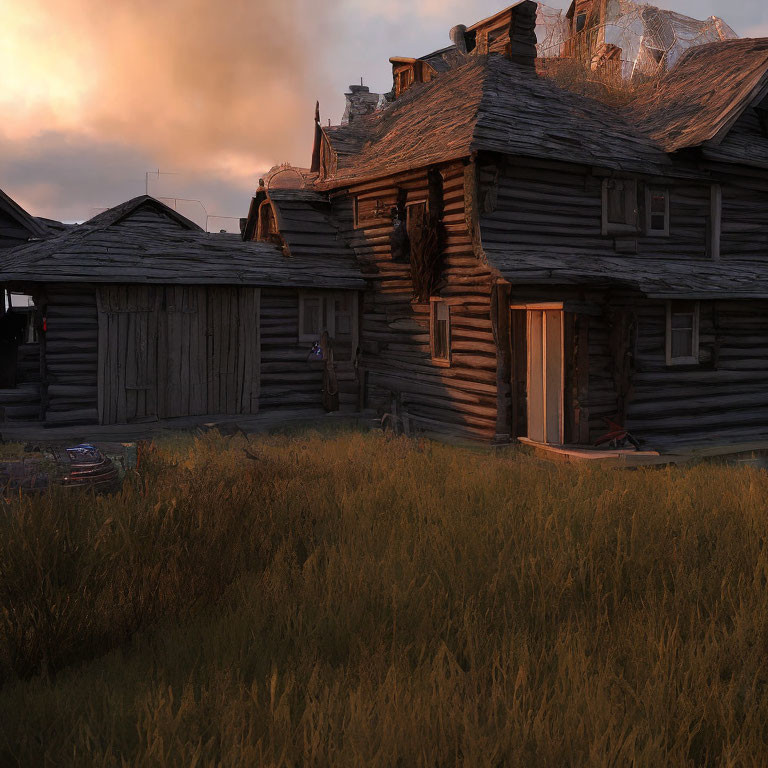 Rustic village: Old wooden houses, sunset light, tall grass textures
