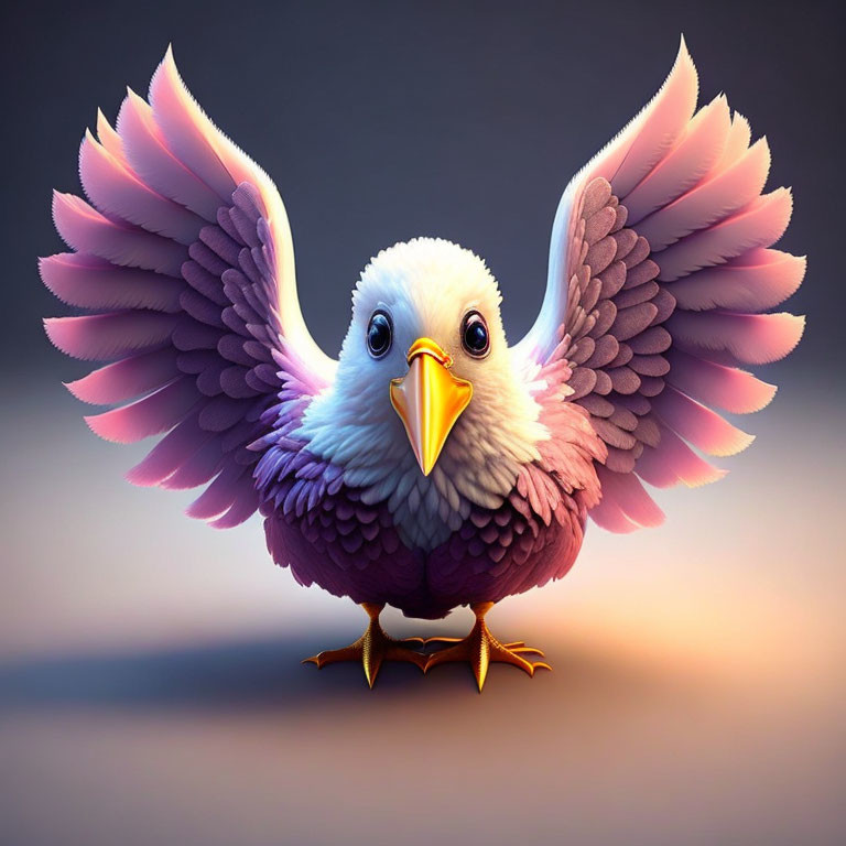 Fluffy bird illustration with pink wings and expressive eyes