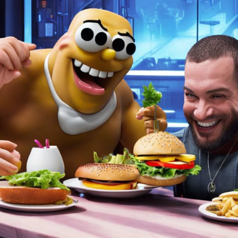 Man Smiling with Animated Character Eating Burgers and Fries