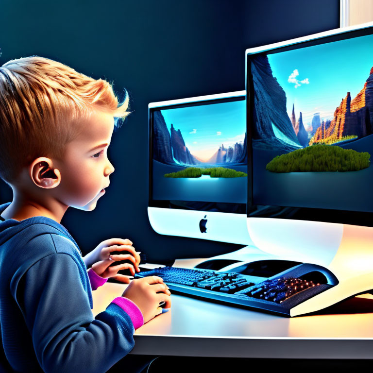 Child mesmerized by dual monitor setup with vibrant landscape on screens