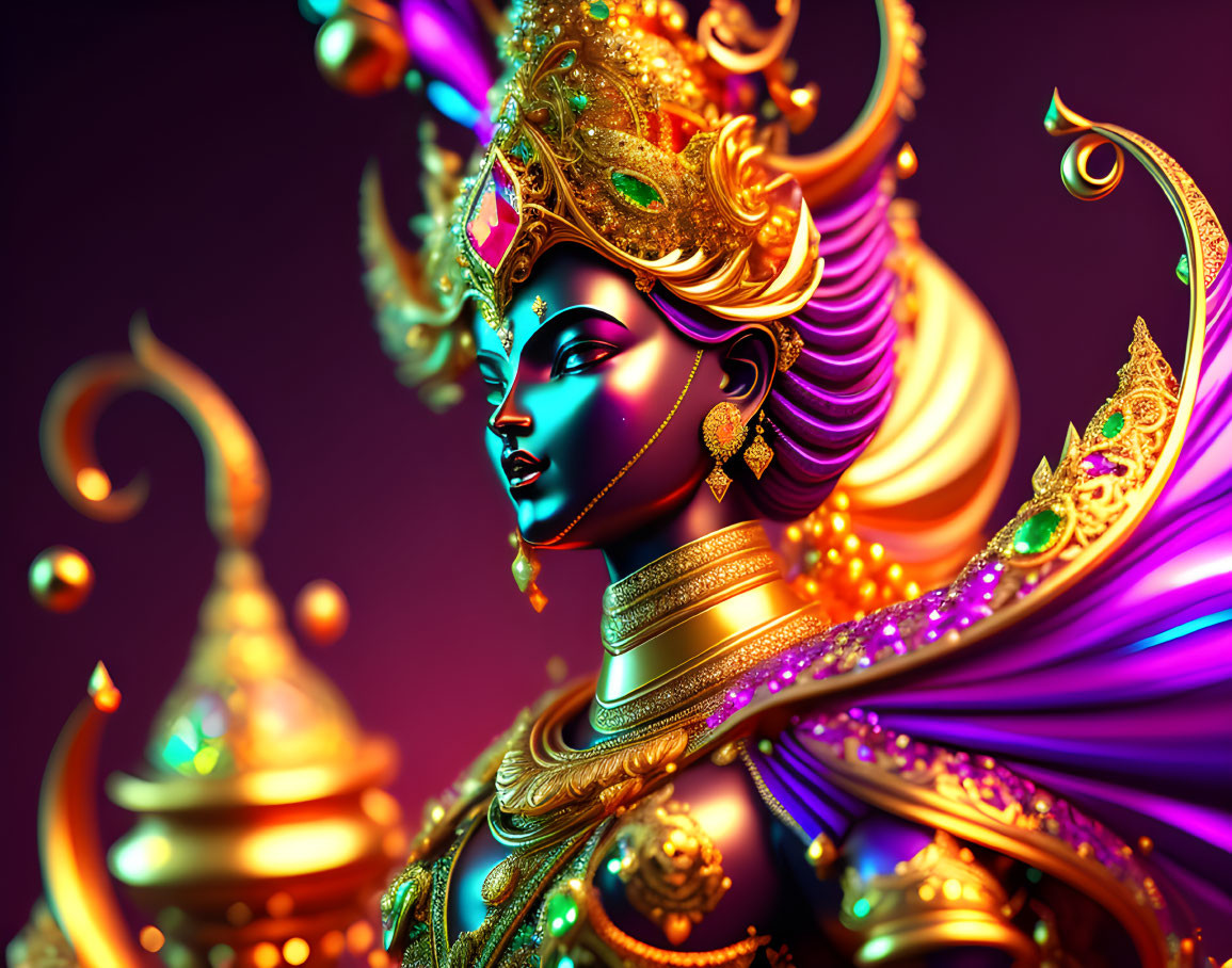 Regal multi-armed figure in golden jewelry on purple backdrop
