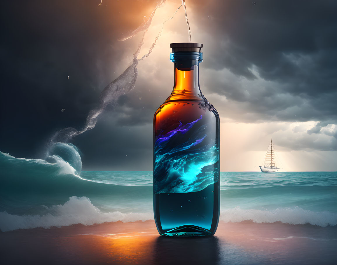 Fantastical image: Stormy ocean scene in a bottle at dusk