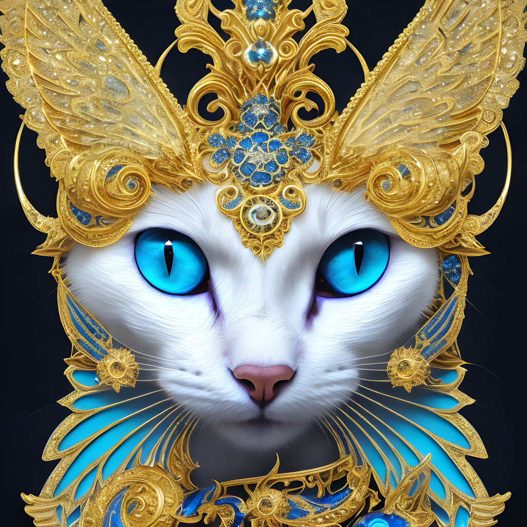 Ornate digital artwork of a cat with blue eyes and golden headdress