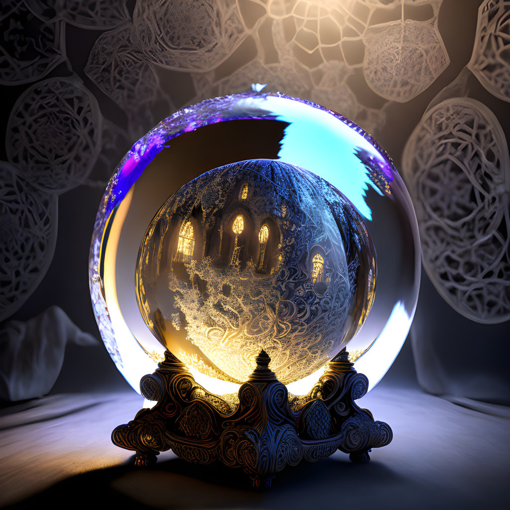 Glowing crystal ball on ornate stand reflects mysterious building against intricate white patterns and dark ambiance