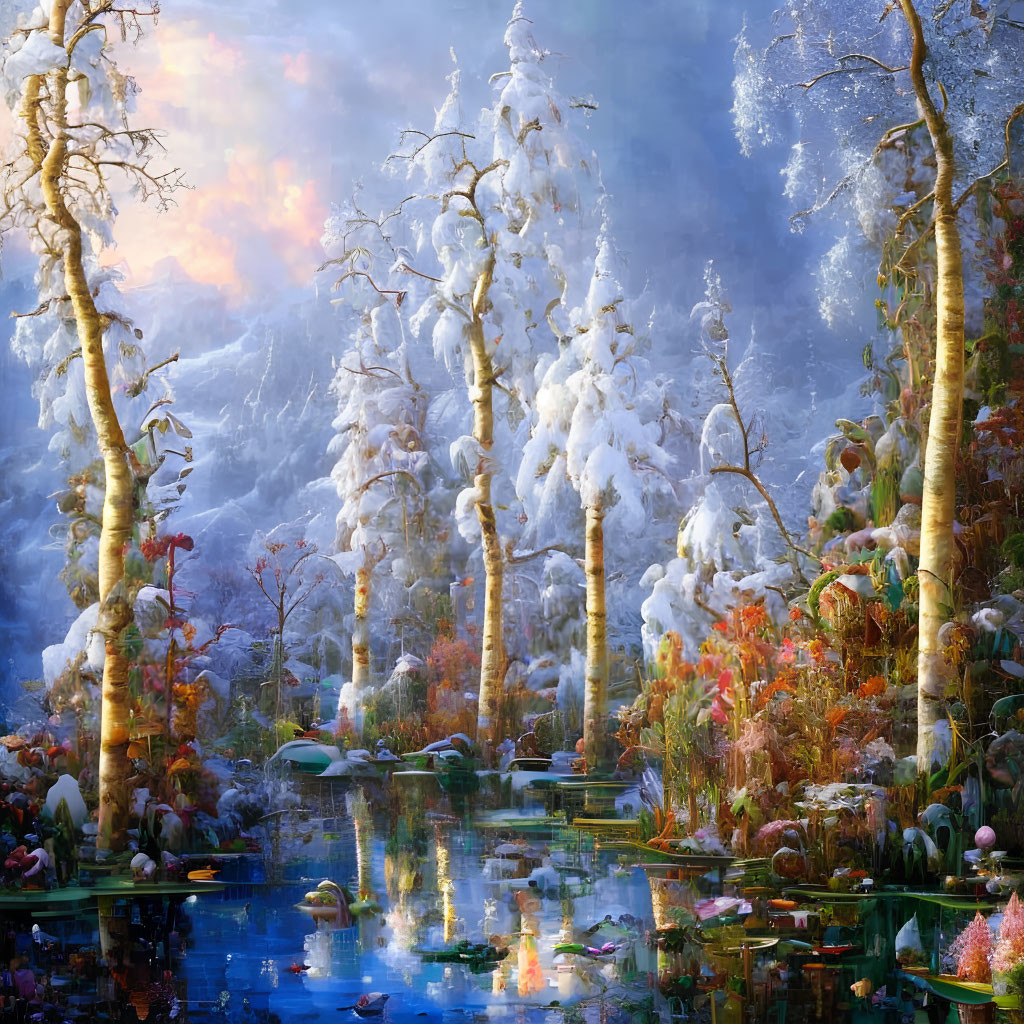 Snow-covered trees, serene pond, vibrant flora in a winter landscape
