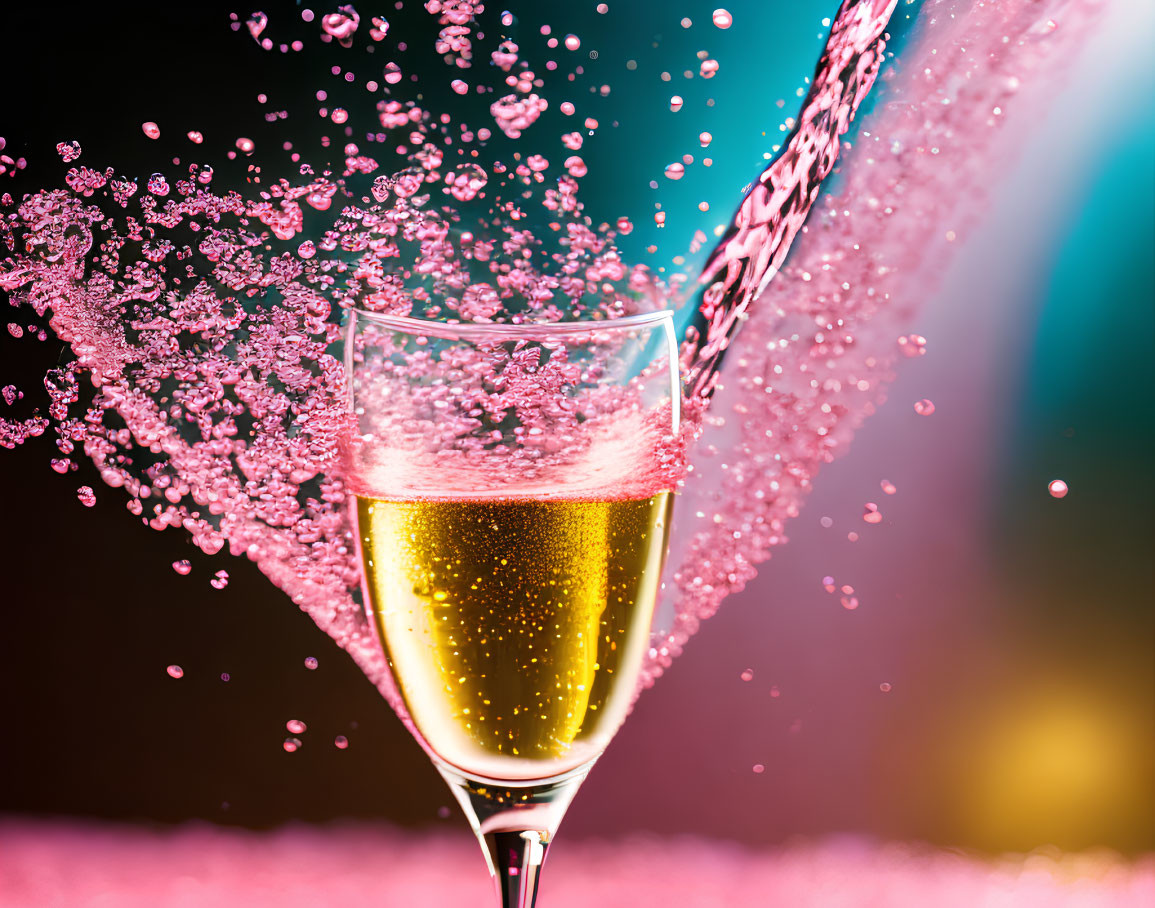 Effervescent champagne poured into pink flute
