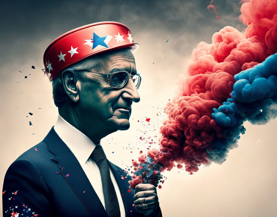 Man in suit with Uncle Sam hat exhaling patriotic smoke portrait.