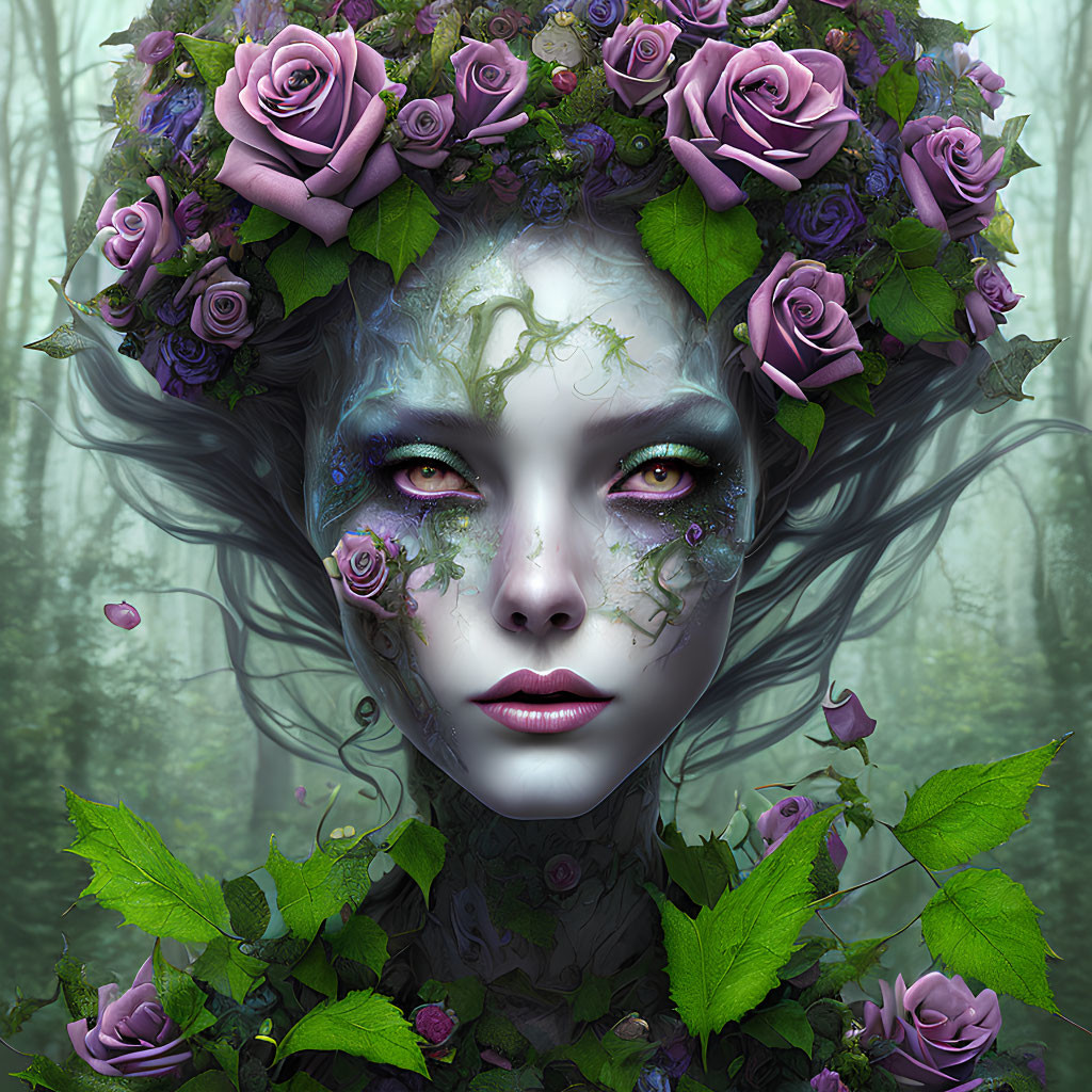 Fantasy portrait: Female figure with purple roses, green vine patterns, mystical forest.