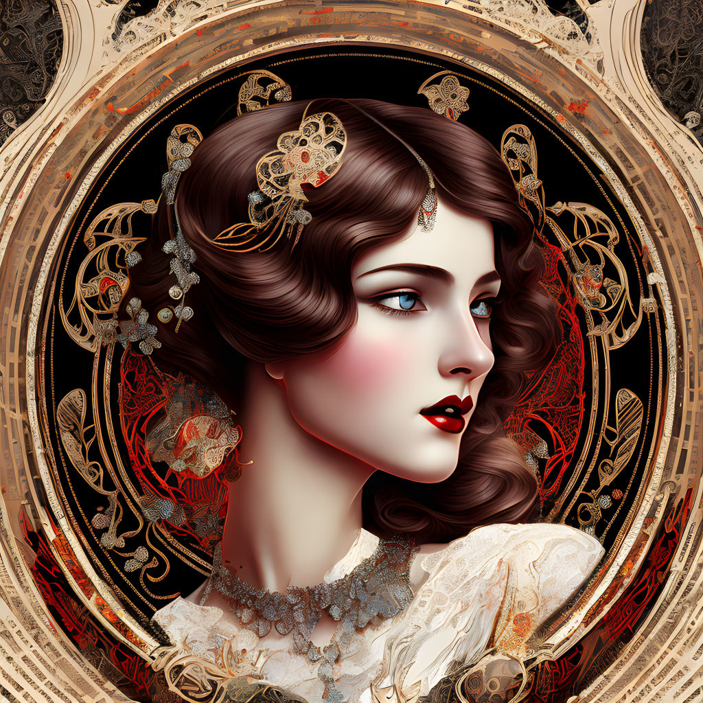 Classic Beauty Digital Artwork with Ornate Gold Details in Circular Frame
