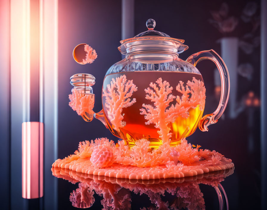 Glass teapot with coral-like structure steeping in liquid on reflective surface
