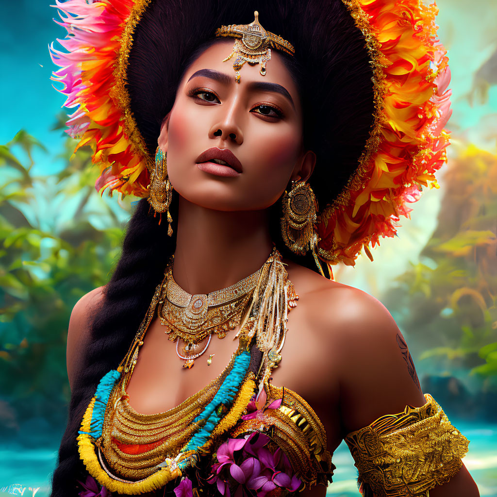 Elaborate headdress and jewelry on woman in warm tones and exotic feathers