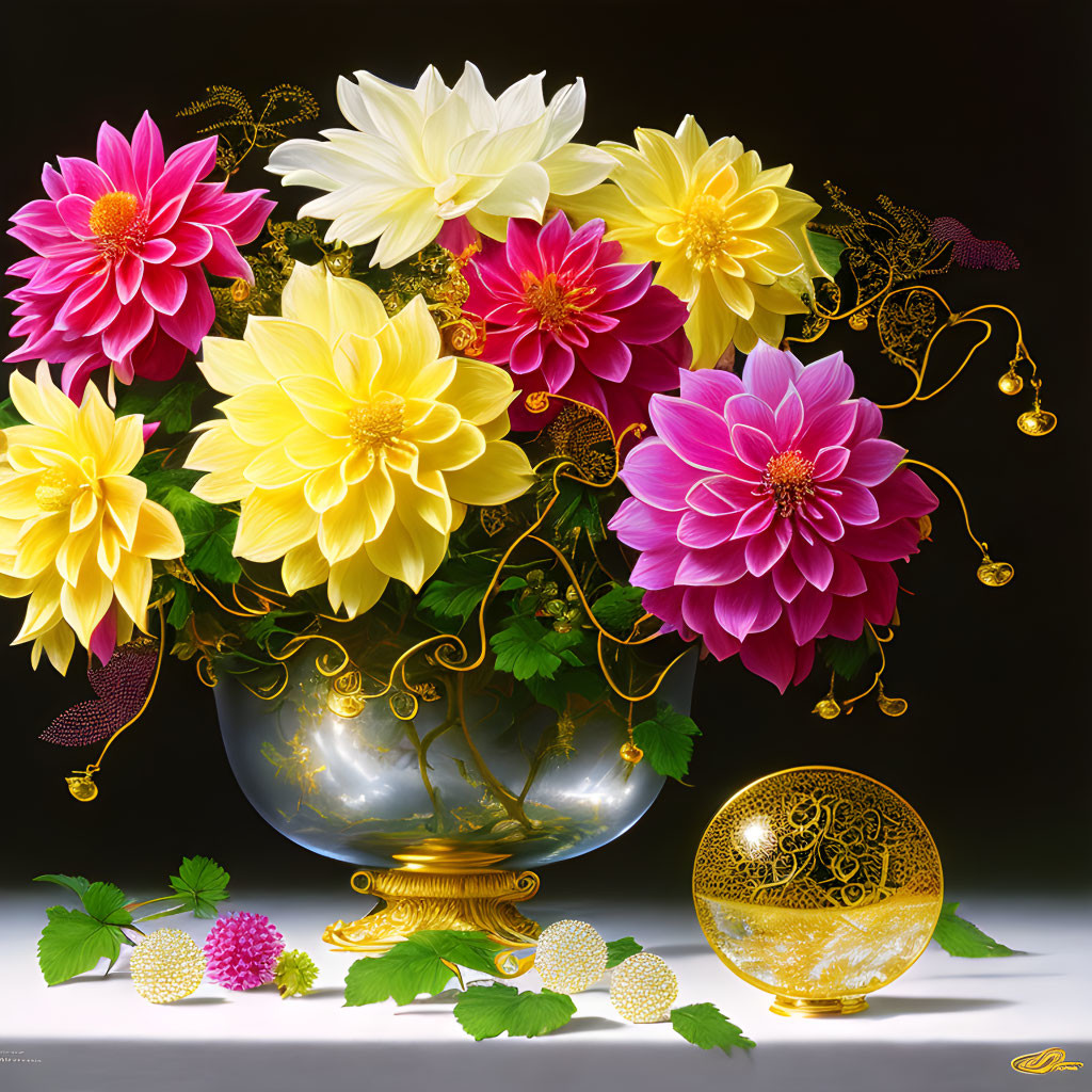 Colorful Pink and Yellow Dahlias in Glass Vase with Gold Filigree and Ornaments