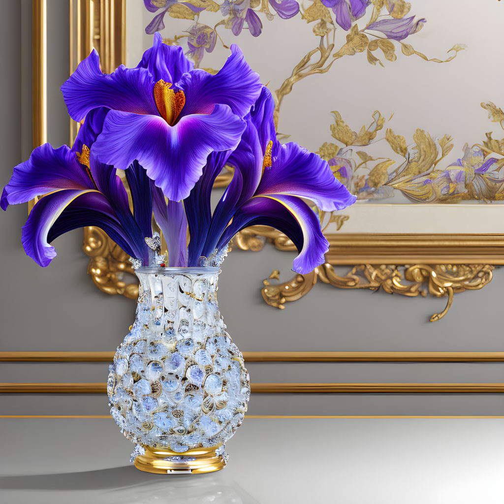 Purple Irises in Crystal Vase on Gold-Trimmed Floral Mirror