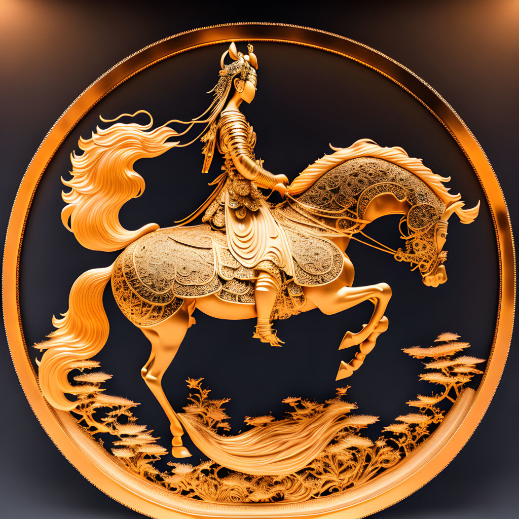 Golden Bas-Relief Horse Sculpture on Gradient Brown Background