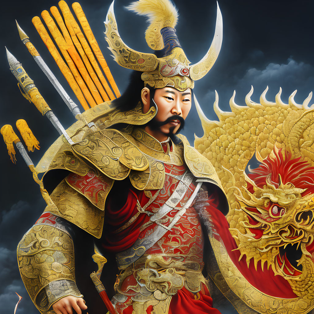 Mythological warrior in golden armor with crescent moon blade beside fiery dragon under stormy sky