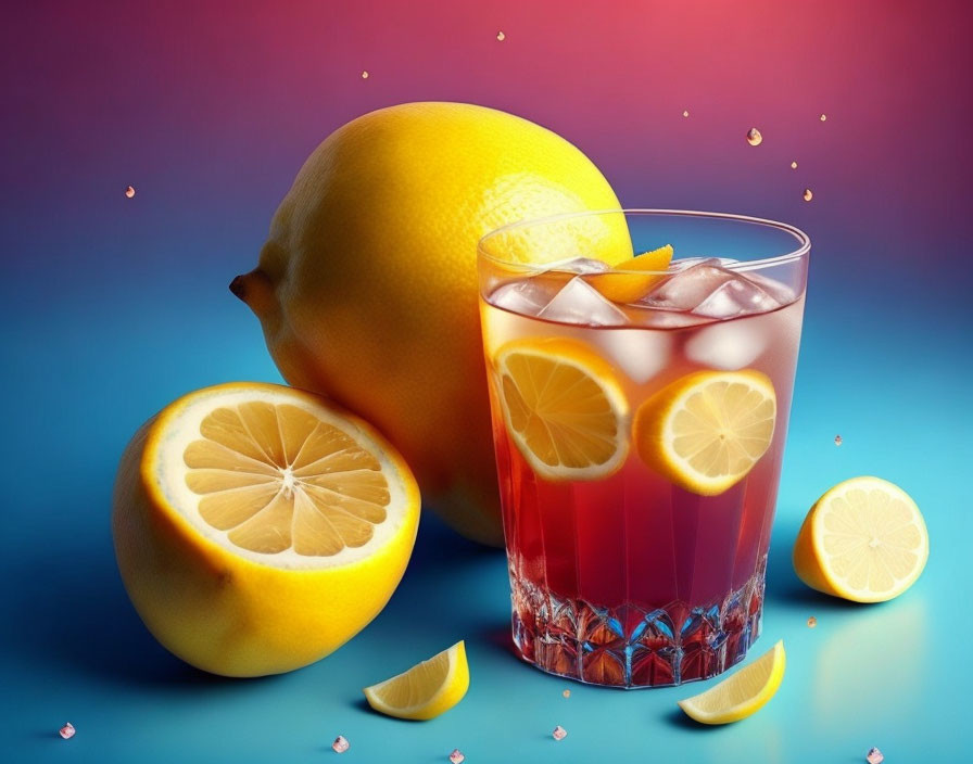 Colorful image of iced tea with lemon slices and splashing droplets