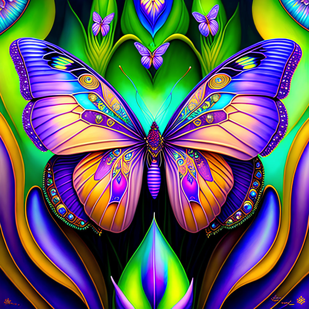 Symmetrical butterfly with intricate patterns and foliage in vibrant digital art
